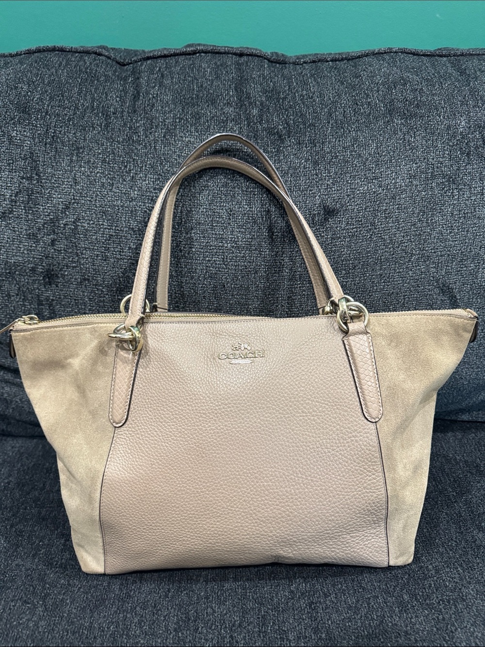 Coach Taupe Two-Tone Pebbled Leather & Suede Tote